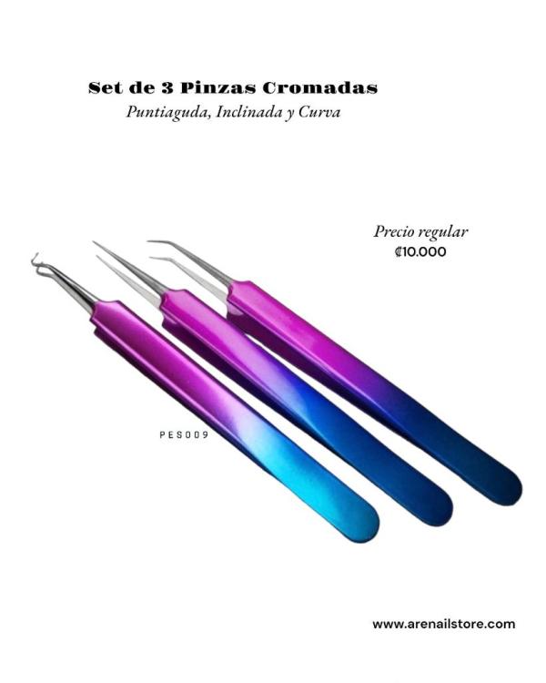 Set de 3 pinzas cromadas, Puntiaguda, Inclinada, Curva