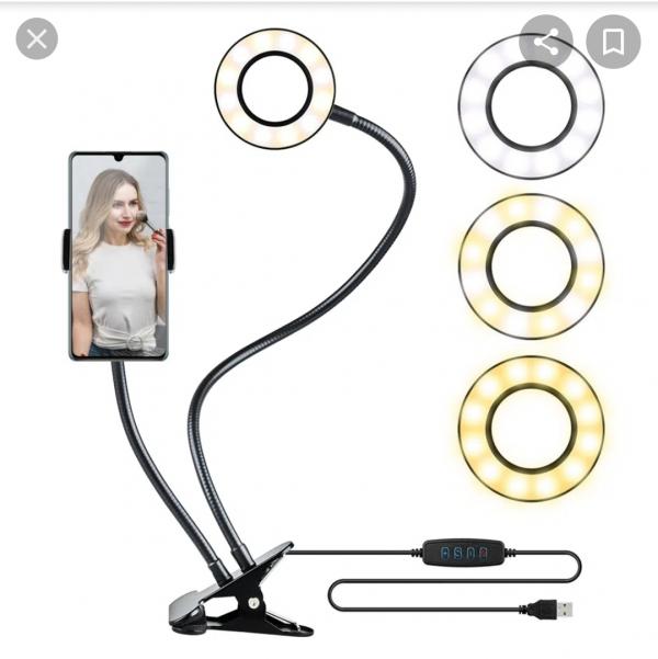 Lampara, de iluminacion aro de luz con soporte para telf movil de mesa negra